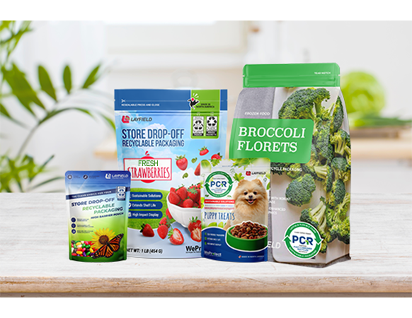 Various flexible packaging pouches for food and pet products, featuring How2Recycle® labels and PCR content badges.