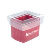 Square bulk container lined with a red and white Layfield-branded flexible liner.