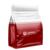 Red and white flat bottom flexible packaging bag with Layfield logo