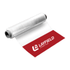Roll of flexible packaging film with red Layfield branding, partially unrolled.