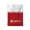 Side-seal flexible packaging pouch in red and silver with Layfield logo.