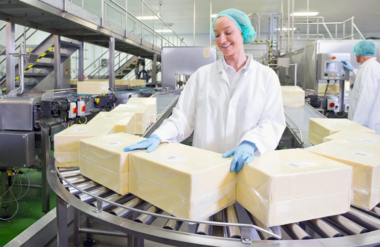 Worker in a food processing facility handling large blocks of cheese wrapped in clear flexible packaging on a conveyor line.