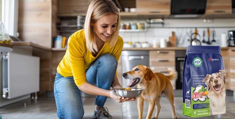 Woman feeding her dog in a modern kitchen beside a resealable dry dog food bag made with PCR content.