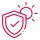 Red icon of a shield with a checkmark in front of a sun, symbolizing UV barrier protection in packaging.