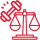 Red icon of a scale and gavel, symbolizing packaging durability and the ability to withstand rigorous shipping conditions.