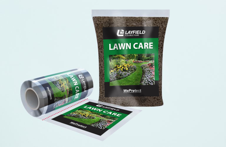 Custom-printed stand-up pouch and flexible rollstock film for lawn care products.