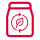 Red icon of a flexible packaging pouch with a leaf and circular arrows symbolizing sustainability.