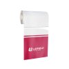Roll of red and white Layfield-branded perforated tear-off (PTO) bags.