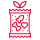 Red icon of a pet treat bag with leaf and treat shapes, symbolizing sustainable packaging.