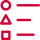 Red icon showing circle, triangle, and square with corresponding horizontal lines, representing varied applications