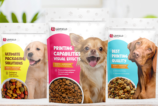 Three Layfield Flexible Films dog food packages featuring high-resolution printed graphics and resealable formats.
