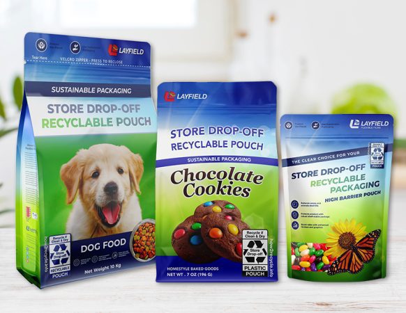 Flexible pouches featuring Store Drop-Off recyclable labels under the How2Recycle® program for pet food, cookies, and candy products.
