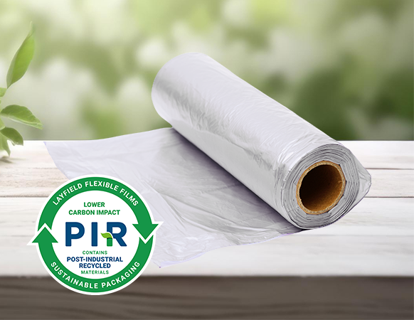 Roll of flexible film featuring PIR (Post-Industrial Recycled) content for industrial packaging and material reuse.