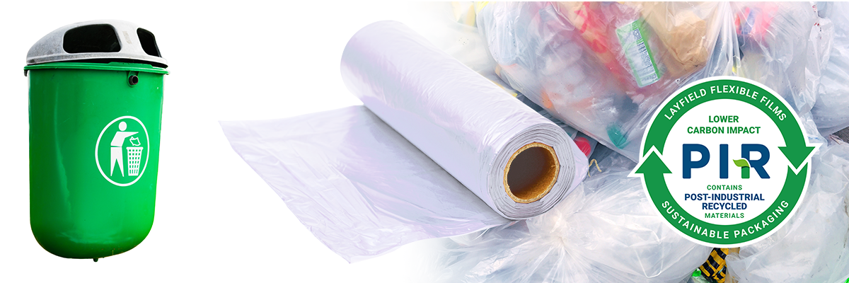 Roll of flexible film and recycling imagery highlighting Post-Industrial Recycled (PIR) content in waste management products.