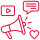 Red icon of a megaphone with video, comment, and like symbols representing marketing and content engagement.