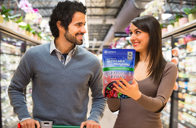 Smiling couple in a grocery store holding a pouch of frozen fruits labeled as store drop-off recyclable packaging.