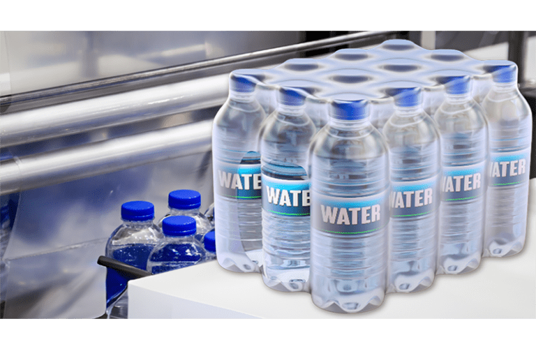 Shrink-wrapped pack of water bottles using collation film on a production line