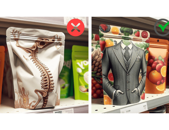 Comparison of two stand-up pouches on a store shelf showing poor versus strong packaging design for consumer appeal.