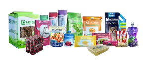 Variety of Layfield Flexible Films packaging formats including pouches, bags, trays, and film rolls for food, pet care, and industrial applications.