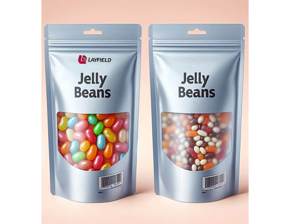Comparison of two Layfield jelly bean pouches showing differences in product visibility through clear packaging windows.
