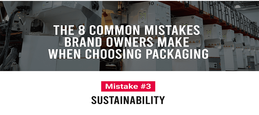 Banner reading “Mistake #3: Sustainability” from the 8 Common Mistakes packaging series, with a background of industrial packaging equipment.