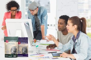 Team of designers collaborating at a computer with Layfield-branded cat food packaging displayed in the foreground.