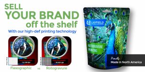 Side-by-side comparison of flexographic vs rotogravure printing quality with a vibrant Layfield stand-up pouch featuring a peacock design and the tagline “Sell Your Brand off the Shelf.”