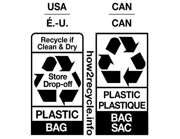 How2Recycle labels for plastic bags showing Store Drop-Off recycling instructions for the USA and Canada in English and French.