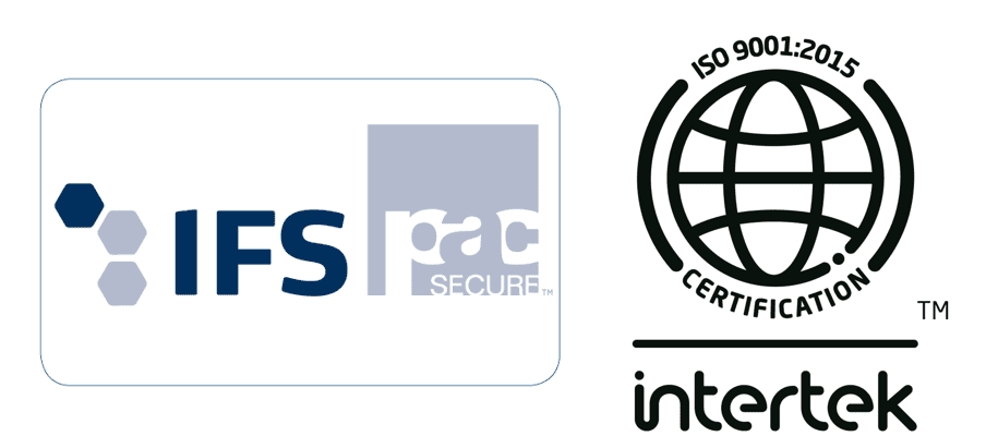 FSSC and ISO 9001 certification logos representing food safety and quality assurance standards from PACsecure and Intertek.
