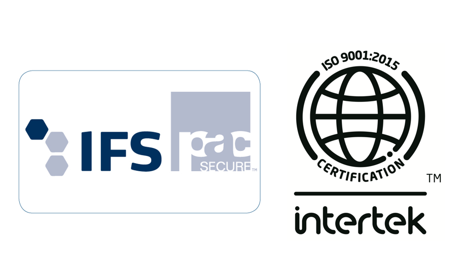 FSSC and ISO 9001 certification logos representing food safety and quality assurance standards from PACsecure and Intertek.