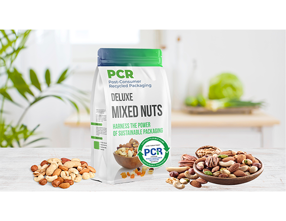 Flexible flat-bottom pouch for deluxe mixed nuts featuring PCR (Post-Consumer Recycled) content labeling.