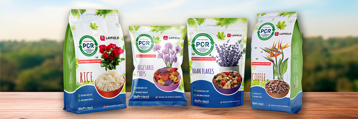 Flexible food packaging pouches featuring PCR (Post-Consumer Recycled) content labeling for rice, vegetable chips, bran flakes, and coffee.