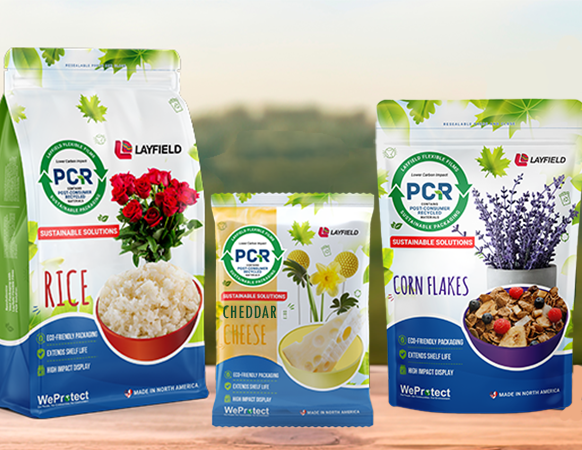 Flexible food packaging pouches featuring Layfield designs with Post-Consumer Recycled (PCR) content for rice, snacks, and cereal.