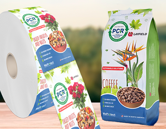 Rollstock film and flexible pouch featuring Layfield packaging made with Post-Consumer Recycled (PCR) content.