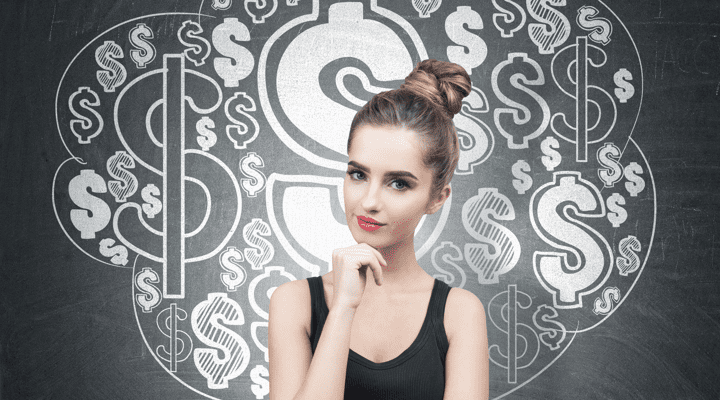 Confident young woman standing in front of a chalkboard filled with large dollar signs, symbolizing financial decision-making and cost considerations.