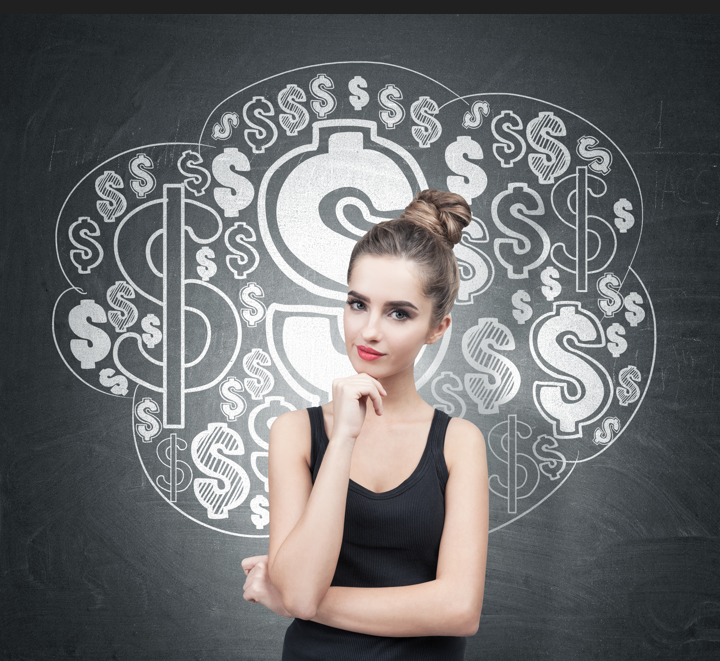 Confident young woman standing in front of a chalkboard filled with large dollar signs, symbolizing financial decision-making and cost considerations.