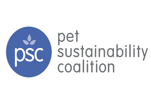 Pet Sustainability Coalition (PSC) logo featuring a blue circle with white “psc” text and a three-leaf icon, alongside the organization's full name in lowercase grey font.
