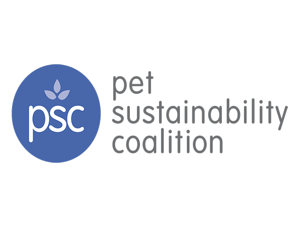 Pet Sustainability Coalition (PSC) logo featuring a blue circle with white “psc” text and a three-leaf icon, alongside the organization's full name in lowercase grey font.