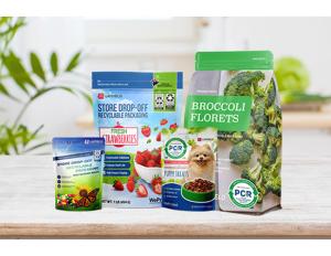 Layfield flexible pouches featuring Store Drop-Off recyclable and PCR content packaging for food and pet products on a kitchen counter.