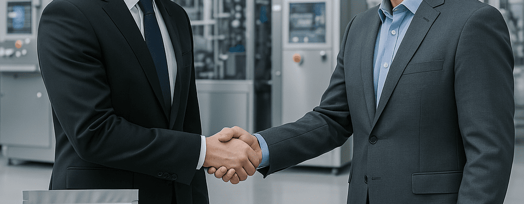 Businessperson shaking hands with a packaging supplier in a modern facility, surrounded by flexible plastic packaging like stand-up pouches and rollstock film.