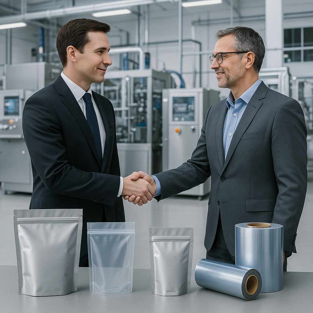 Businessperson shaking hands with a packaging supplier in a modern facility, surrounded by flexible plastic packaging like stand-up pouches and rollstock film.