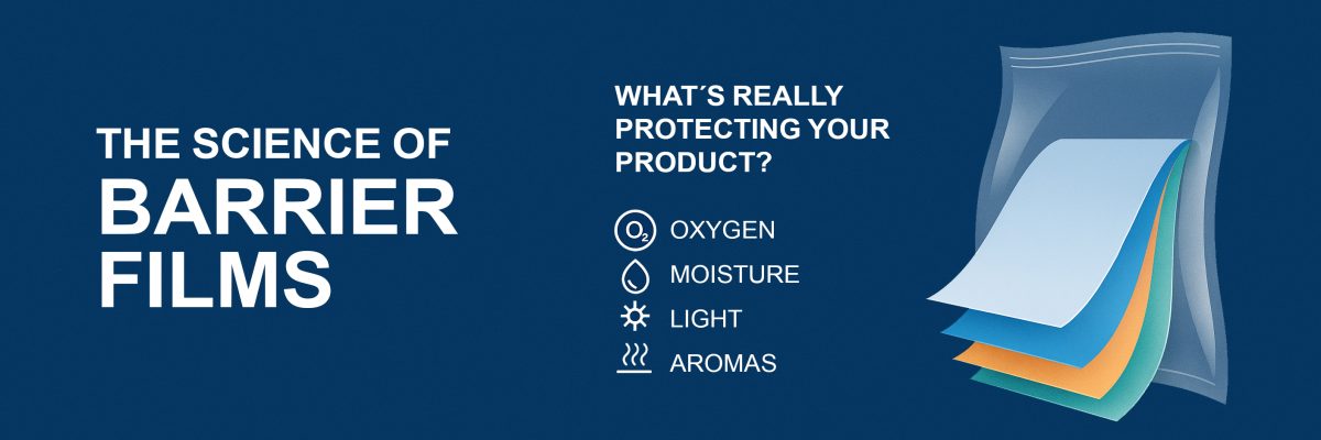 Illustration of barrier films with layers protecting against oxygen, moisture, light, and aromas. Text reads 'The Secret Life of Barrier Films' and 'What's Really Protecting Your Product?'