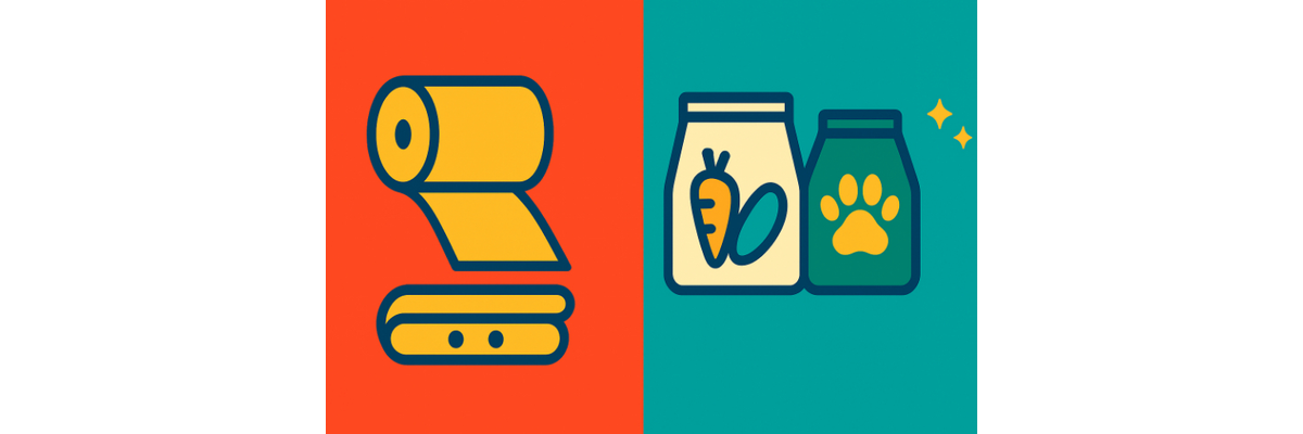 Illustration of a roll of film and packages representing organic food and pet products packaging.