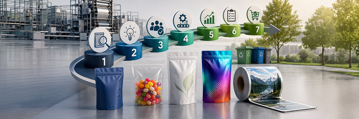 Seven-step packaging development and optimization process displayed above various flexible packaging formats, including stand-up pouches, printed rollstock, and recyclable packaging concepts in a manufacturing environment.