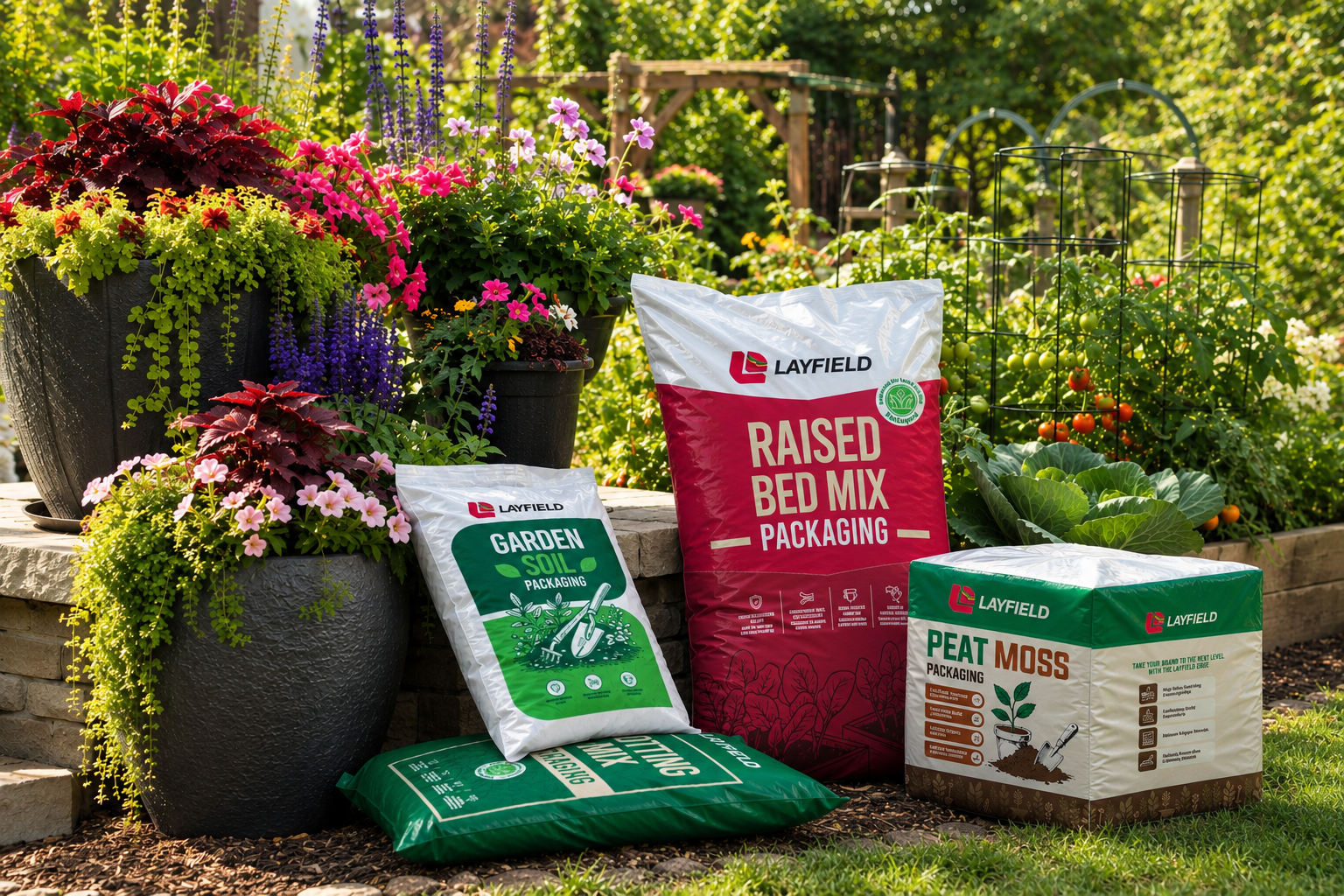 Soils and growing media packaging displayed in a vibrant garden setting, featuring peat moss, garden soil, planting mix, and raised bed mix products surrounded by flowering containers and vegetable garden beds.