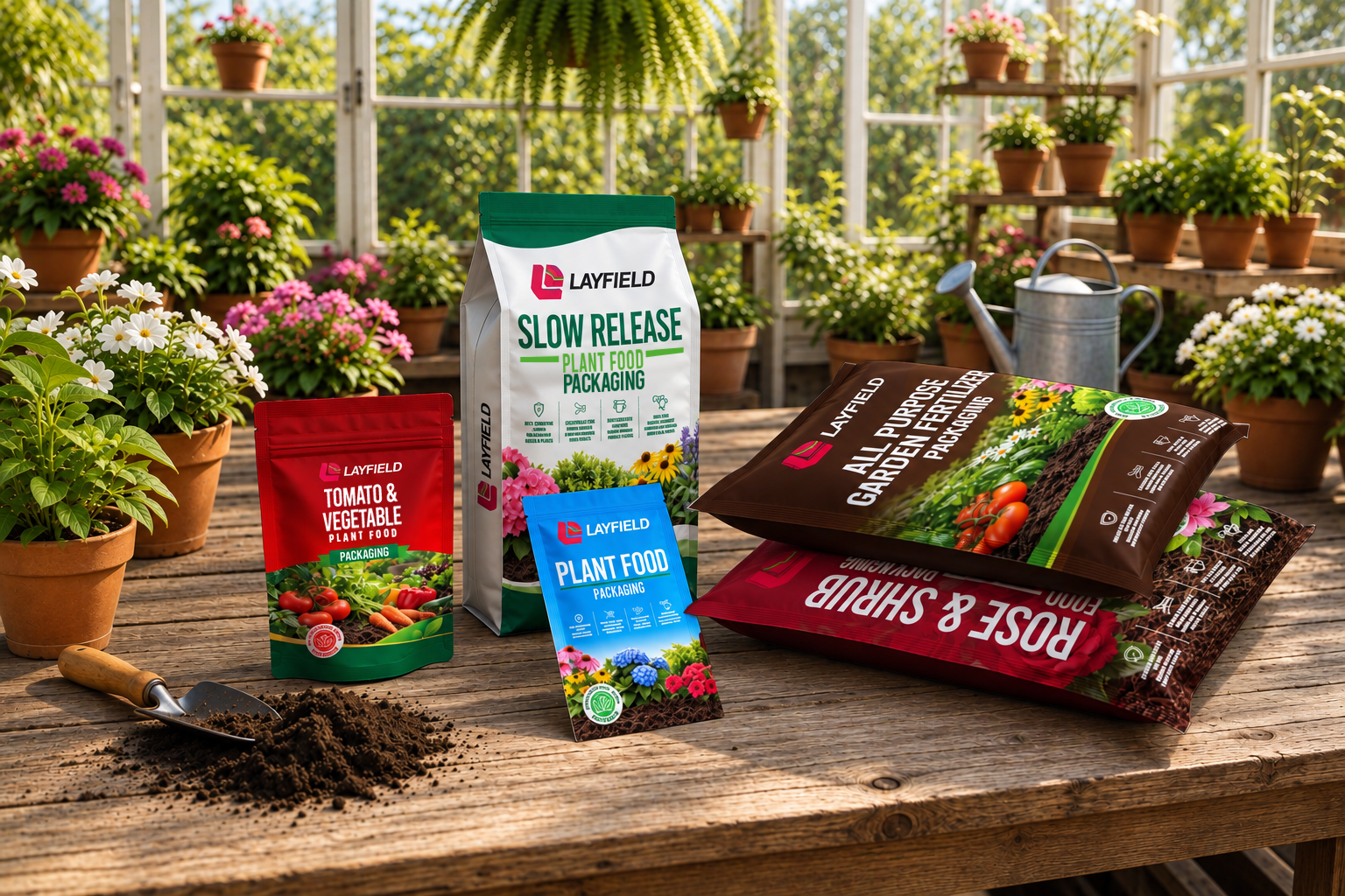 Flexible lawn and garden packaging displayed on a wooden greenhouse workbench, including stand-up pouches, side-seal pouches, and larger bags for plant food and garden products, surrounded by blooming potted plants and gardening tools.