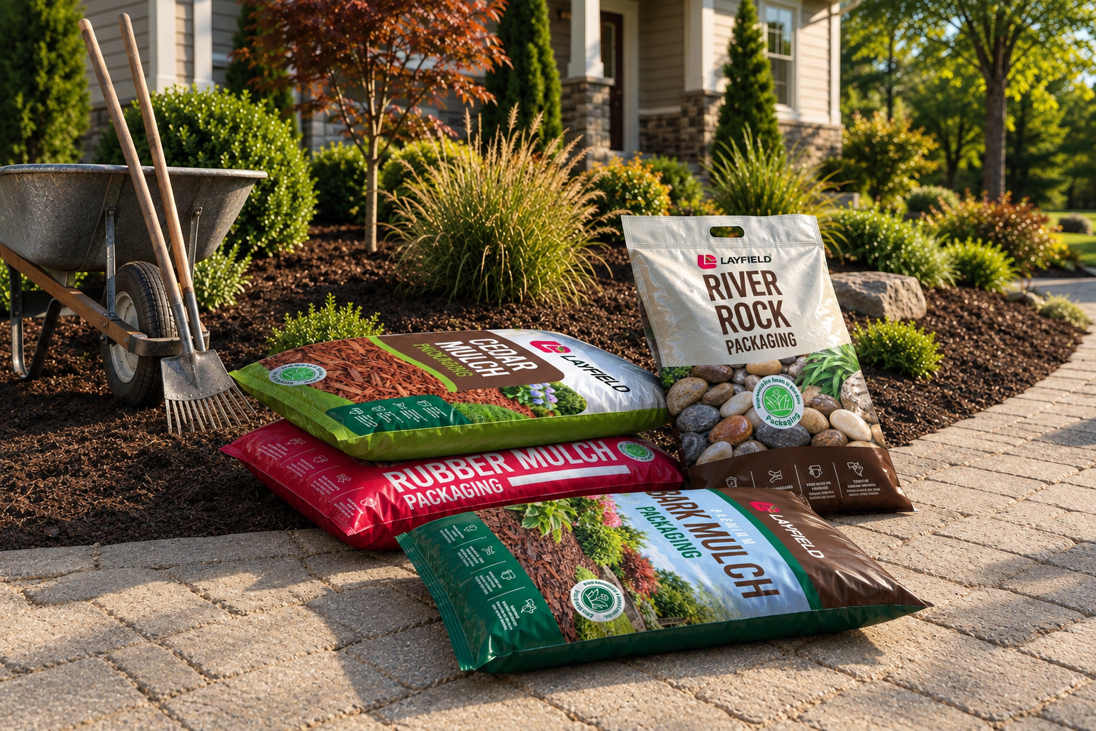 Flexible packaging for mulch, decorative rock, and landscaping products displayed in a residential garden setting, surrounded by landscaped beds, a wheelbarrow, and garden tools.
