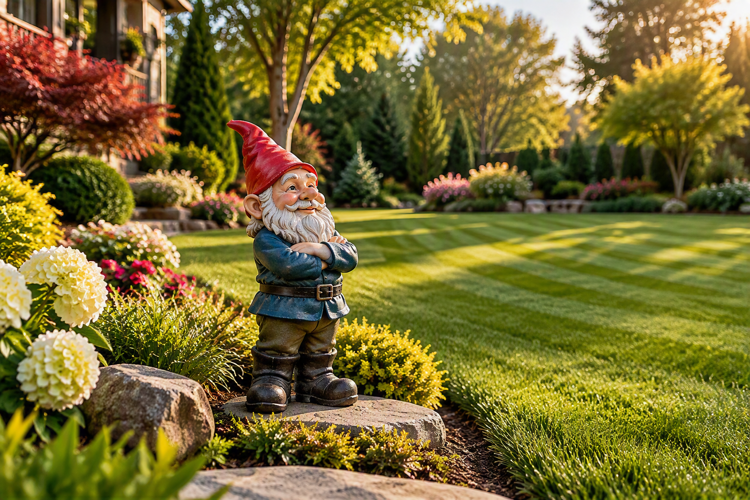 Garden gnome standing in a beautifully landscaped backyard surrounded by colourful flower beds, ornamental plants, and a perfectly manicured lawn with visible mowing stripes in warm evening sunlight.